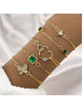 Heart and Butterfly Gold and Green Coloured Bracelet Set w/ Crystals NWT